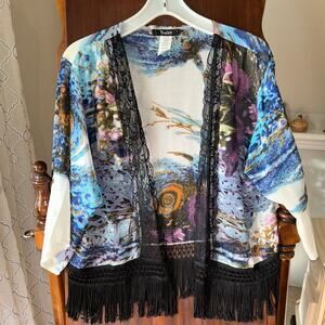 Vintage Y2K Toska kimono cardigan fringe lace floral size large swim cover up